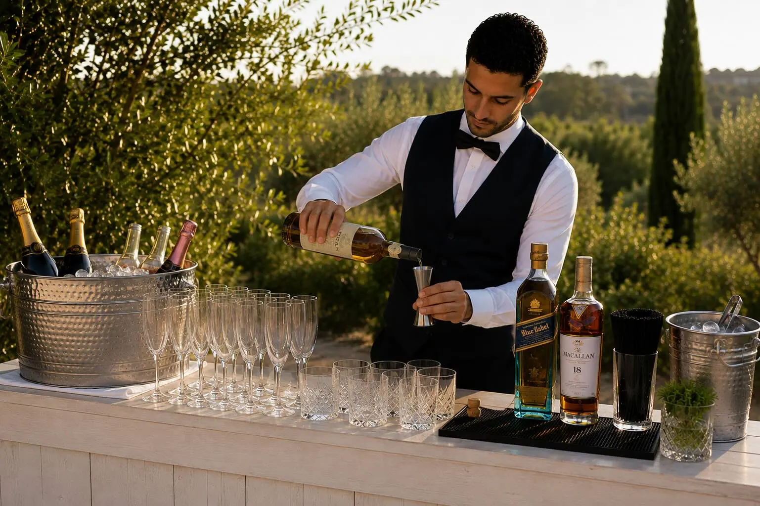 Mise en place du bar en extérieur, verrerie et spiritueux
